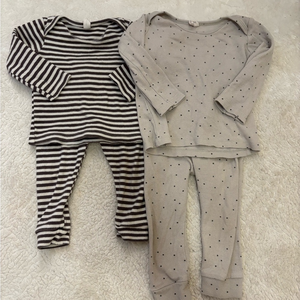 Quincy Mae Striped and Dotted Pajama Set - Black and Gray